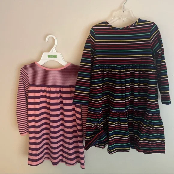 2 HANNA ANDERSSON 110 Girl Size 5 DRESSES Long Sleeve Pink Stripe Rainbow Cotton